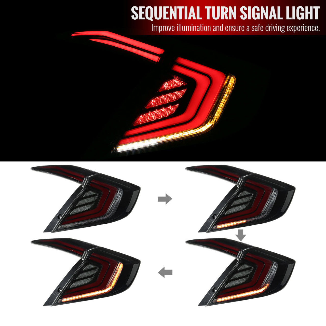 2016-2021 Honda Civic Sedan LED Tail Lights w/ Sequential Turn Signal Lights (Glossy Black Housing/Smoked Lens)