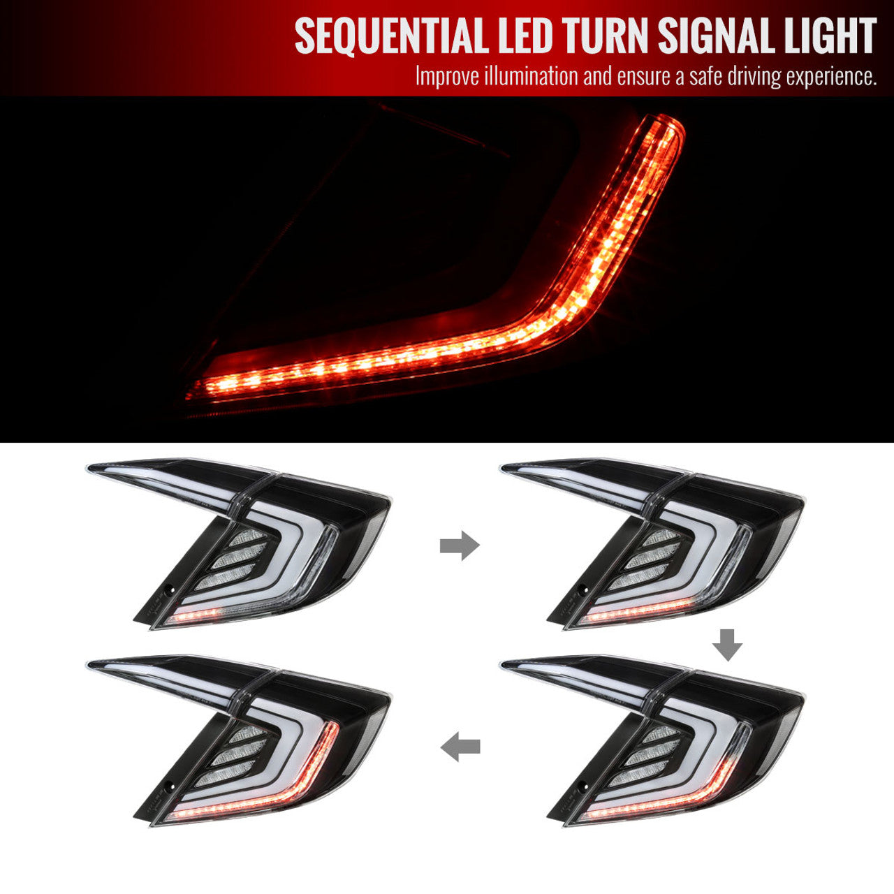 2016-2021 Honda Civic 4DR Sedan White LED Tail Lights w/ Sequential Signal Lamps (Matte Black Housing/Clear Lens)