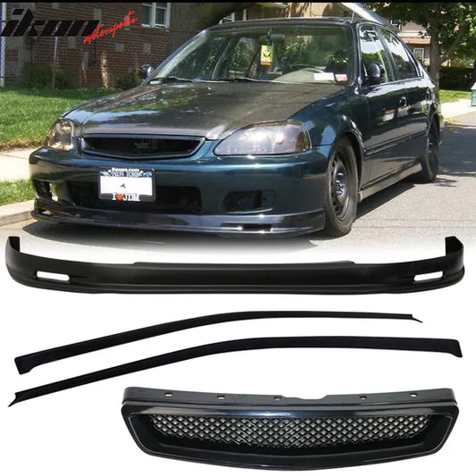 Fits Civic 99-00 Mugen Front Bumper Lip Front Grille & Sun Window Visors