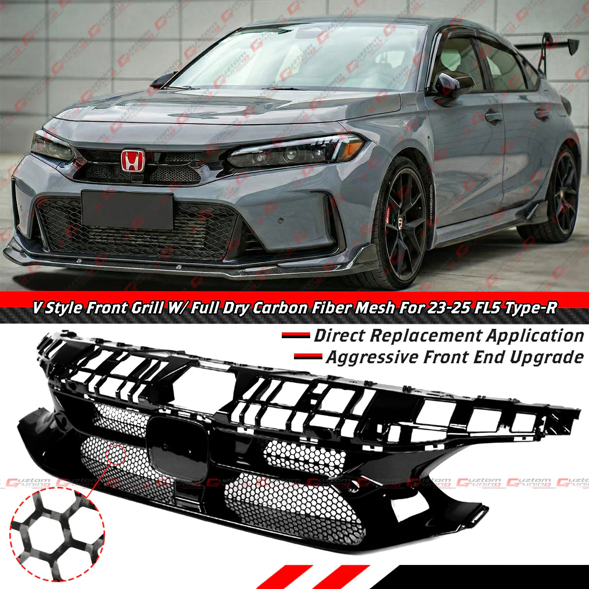V Style Front Upper Grille With Full Carbon Fiber Mesh [2023-2025 Honda Civic Type-R FL5]