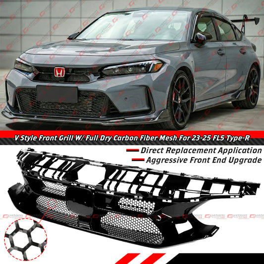 V Style Front Upper Grille With Full Carbon Fiber Mesh [2023-2025 Honda Civic Type-R FL5]