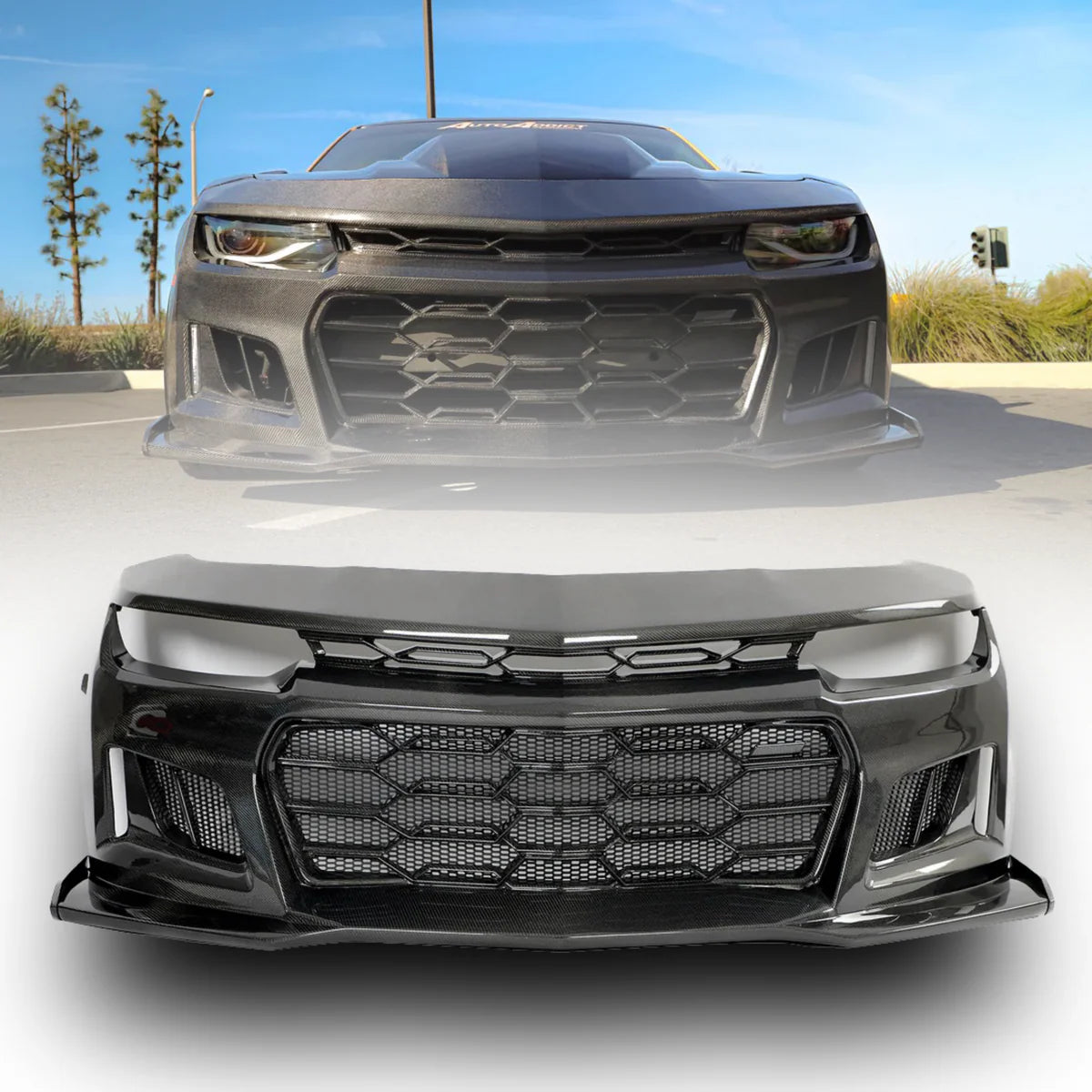2010-2015 Chevy Camaro Black Panther 1PC Full Gloss Carbon Fiber Track Package Front Bumper Conversion