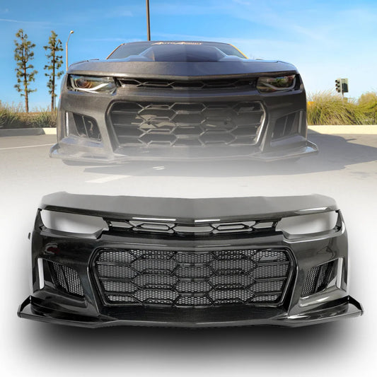 2010-2015 Chevy Camaro Black Panther 1PC Full Gloss Carbon Fiber Track Package Front Bumper Conversion