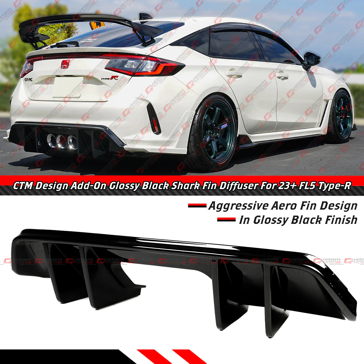 CTM Gloss Black Shark Fin Rear Bumper Diffuser [2023-2025 Honda Civic Type-R FL5]