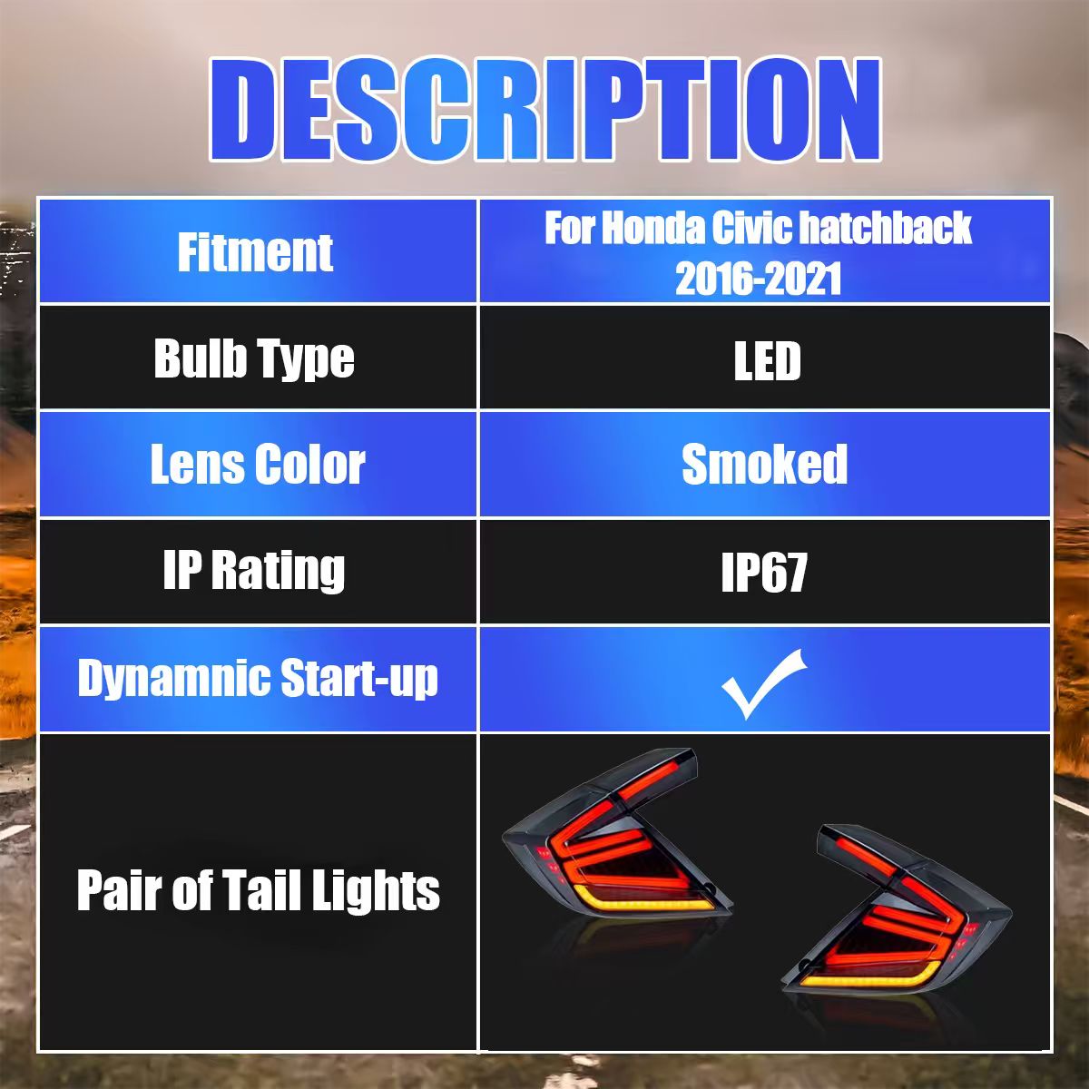 Honda Civic Hatchback 2016-2021 Tron LED Tail Lights