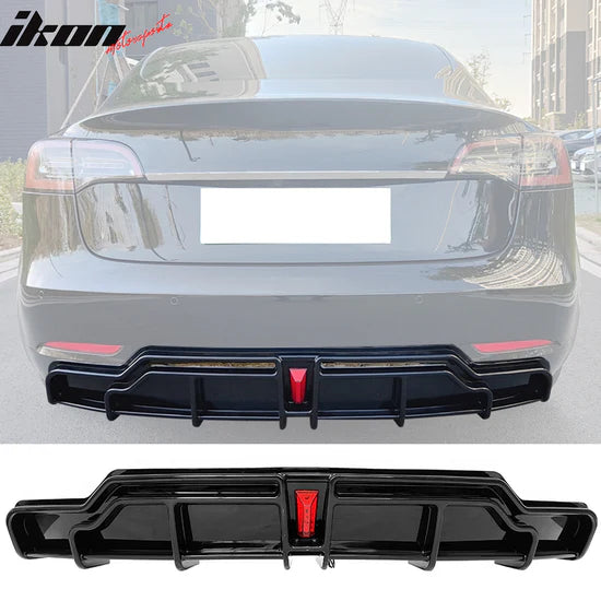 2017-2024 Tesla Model 3 IKON Style Rear Diffuser W/ LED PP - GLOSS BLACK