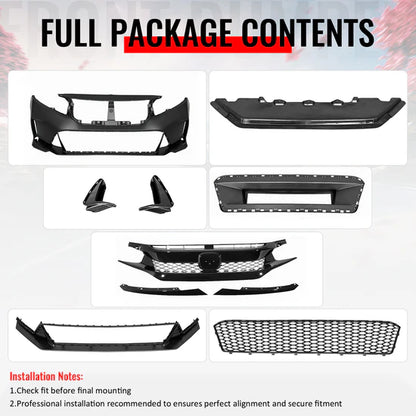 2016-2021 Honda Civic Type R Style Unpainted Black PP Replacement Conversion Bodykit with Upper and Lower Grille