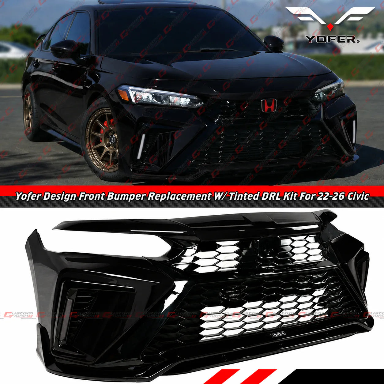 Yofer Design Front Bumper Full Replacement Kit With Tinted Sequential Switch-Back DRL [2022-2026 Honda Civic]