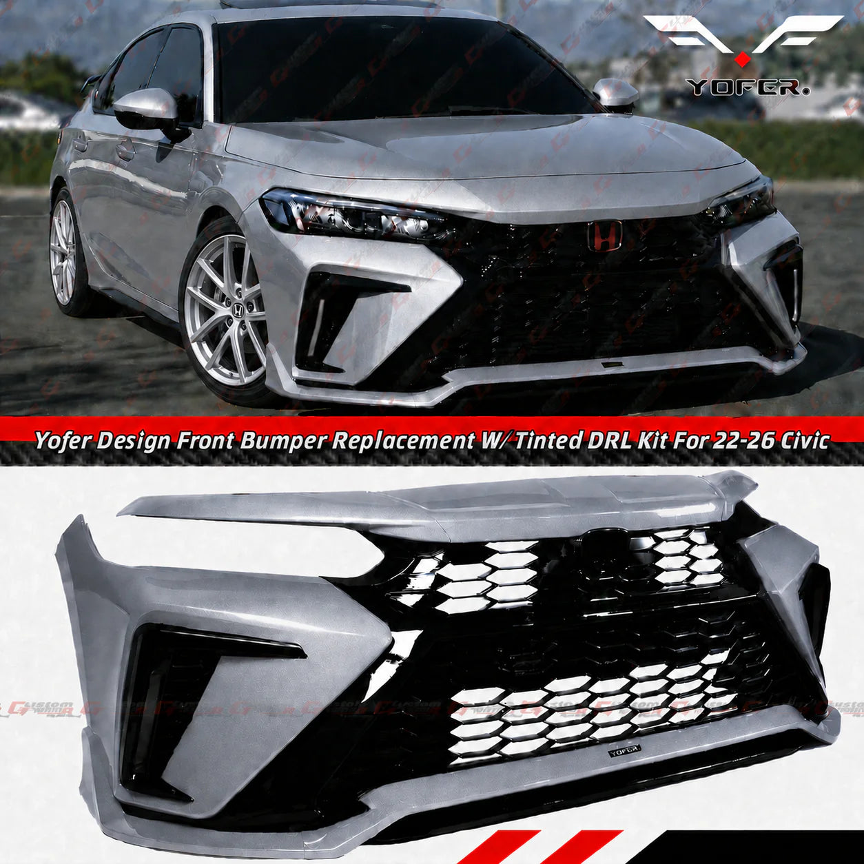 Yofer Design Front Bumper Full Replacement Kit With Tinted Sequential Switch-Back DRL [2022-2026 Honda Civic]
