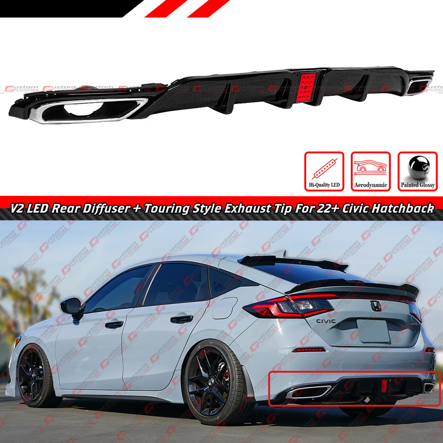 2022-26 CIVIC FL1 FL2 HATCHBACK V2 LED REAR DIFFUSER + TOURING EXHAUST TIPS