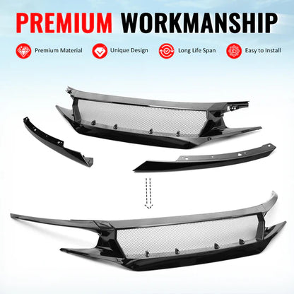 High Flow Front Bumper Upper Hood Mesh Grille for Honda Civic 2016-2018 & Hatchback/Si 2019-2021 3PCS JDM Style ASB Plastic Gloss Black