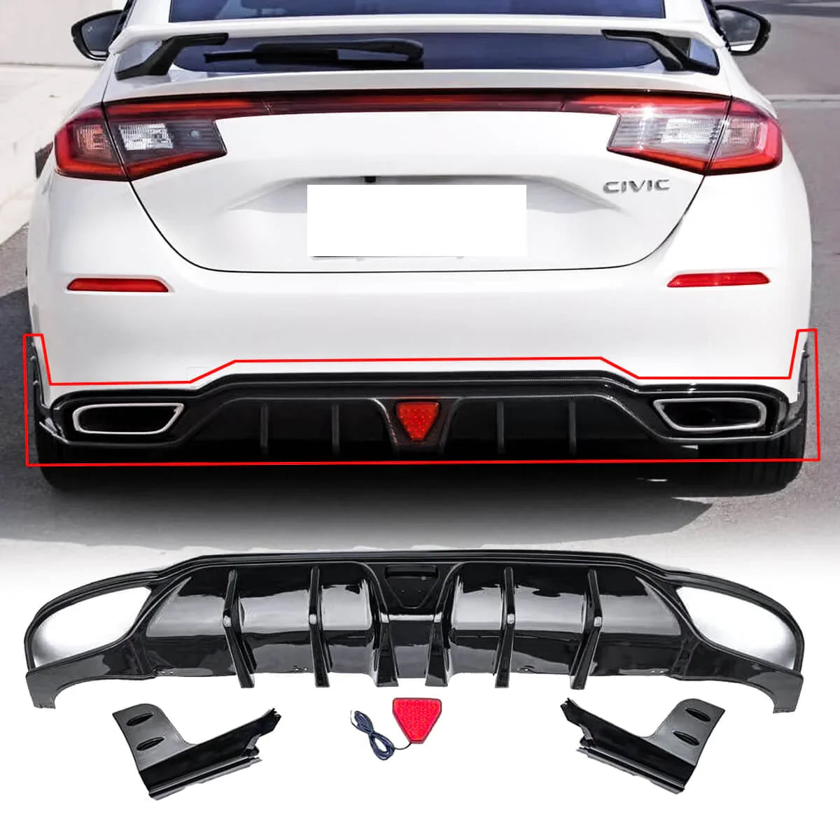 SWA 2022-2025 11th Gen Honda Civic Hatchback Rear Diffuser Gloss Black with 3rd Break Lights and Side Spats