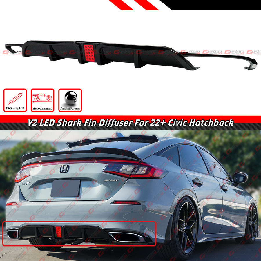22-26 HONDA CIVIC HATCHBACK FL1 FL2 V2 GLOSSY BLACK LED REAR BUMPER DIFFUSER