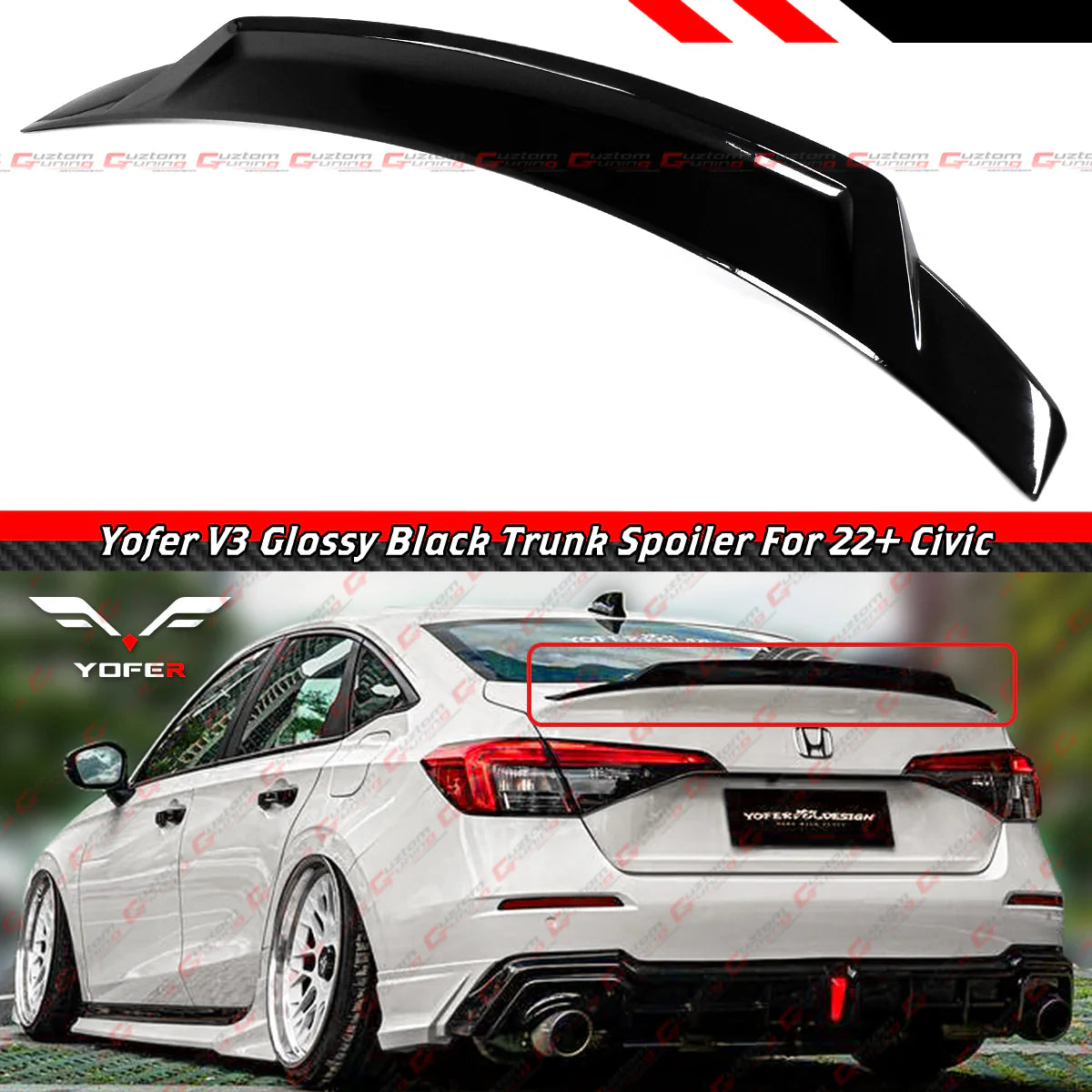 Yofer V3 Glossy Black High Kick Duckbill Trunk Spoiler - 2022-2026 Honda Civic Sedan