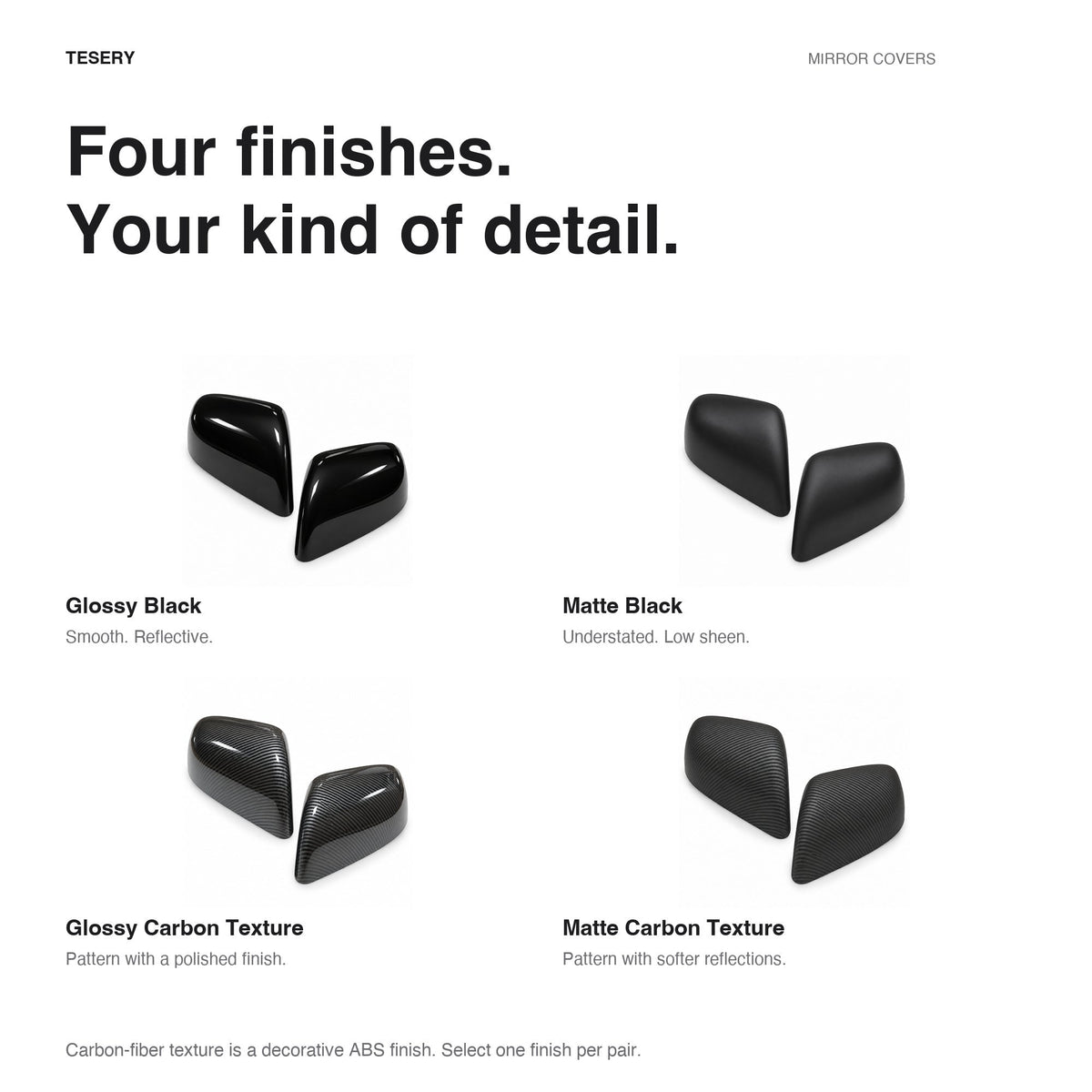 ABS Mirror Covers for Model 3/Y | 4 Finishes | 3M Tape | Scratch Protection | 3 Versions
