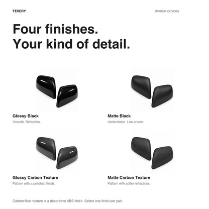 ABS Mirror Covers for Model 3/Y | 4 Finishes | 3M Tape | Scratch Protection | 3 Versions