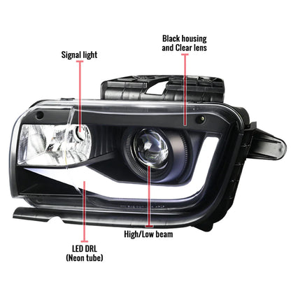 2010-2013 Chevy Camaro 6th Gen Style Headlights – OEM Bumper Fitment, LED Light Bar - HALOGEN LIGHT